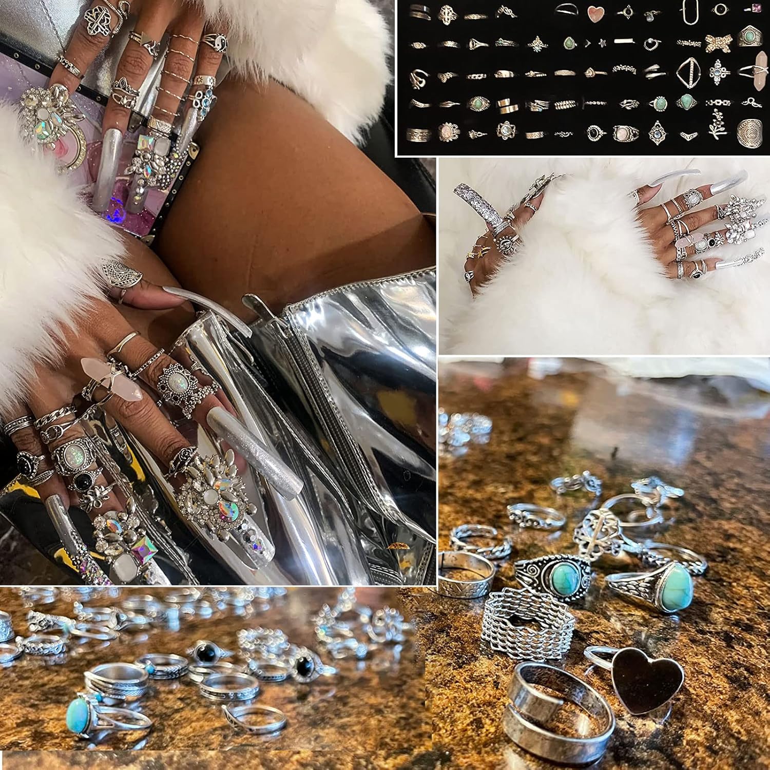 Vintage Silver Knuckle Rings Set 42 Pieces Adjustable Gothic Stackable Rings