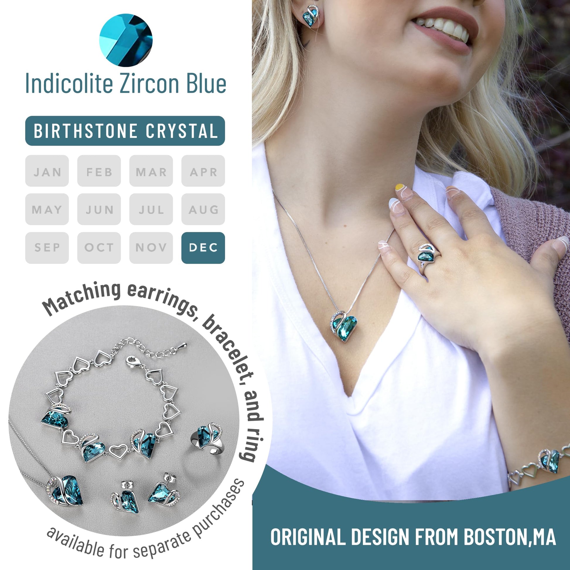 Infinity Love Birthstone Heart Necklace - 18K White Gold Plated Crystal Pendant Gift for Women