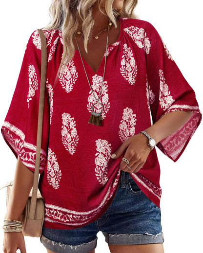 Big & Tall Clothing - Women's 3/4 Sleeve V-Neck Bohemian Peasant Blouse Loose Fit Tunic Top