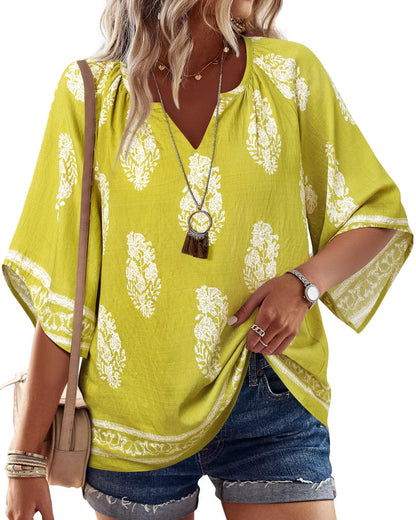 Big & Tall Clothing - Women's 3/4 Sleeve V-Neck Bohemian Peasant Blouse Loose Fit Tunic Top Multi Green