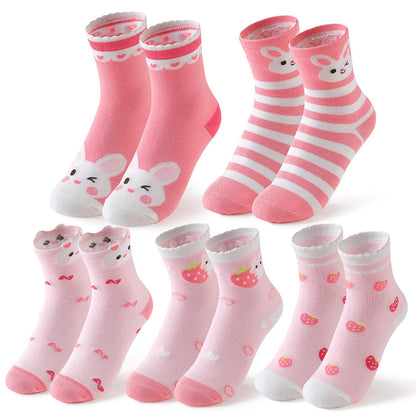 Girls Cotton Crew Socks 5 Pack - Cartoon Bunny Animal Socks for Kids Ages 2-12