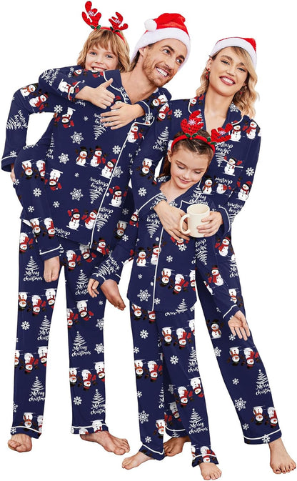 Christmas Family Matching Pajamas - Long Sleeve Button Down PJ Set Christmas Navy