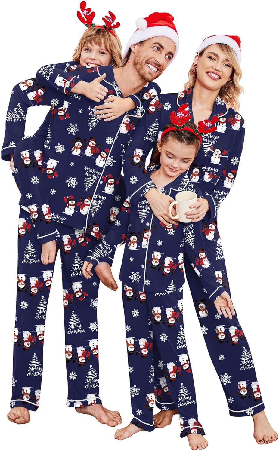 Christmas Family Matching Pajamas - Long Sleeve Button Down PJ Set Christmas Navy
