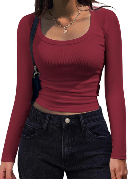 Women's Long Sleeve Scoop Neck Shirt Slim Fit Rib Knit Top Wine Red