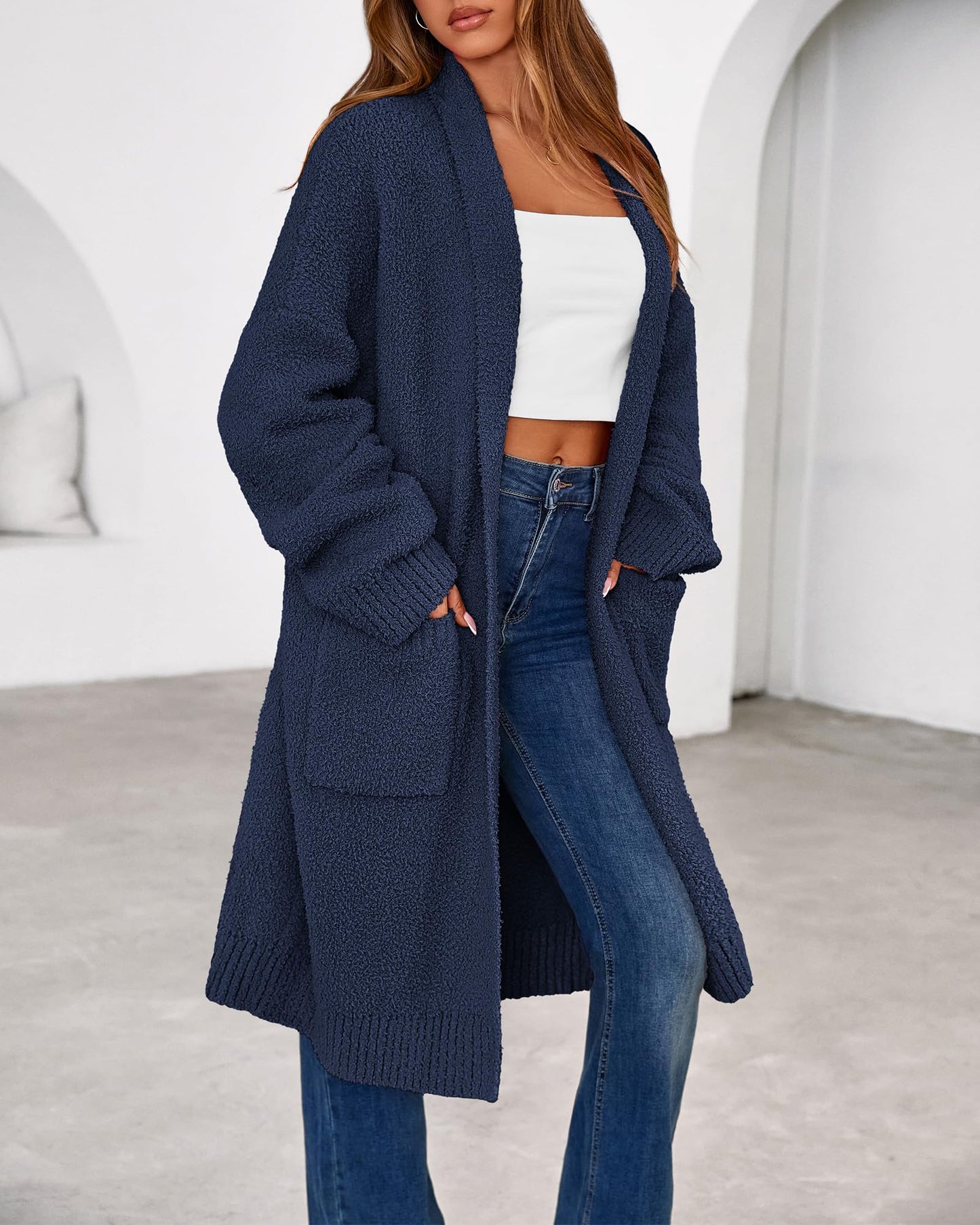 Women's Long Cardigan Sweater - Open Front Oversized Knit Coat with Pockets