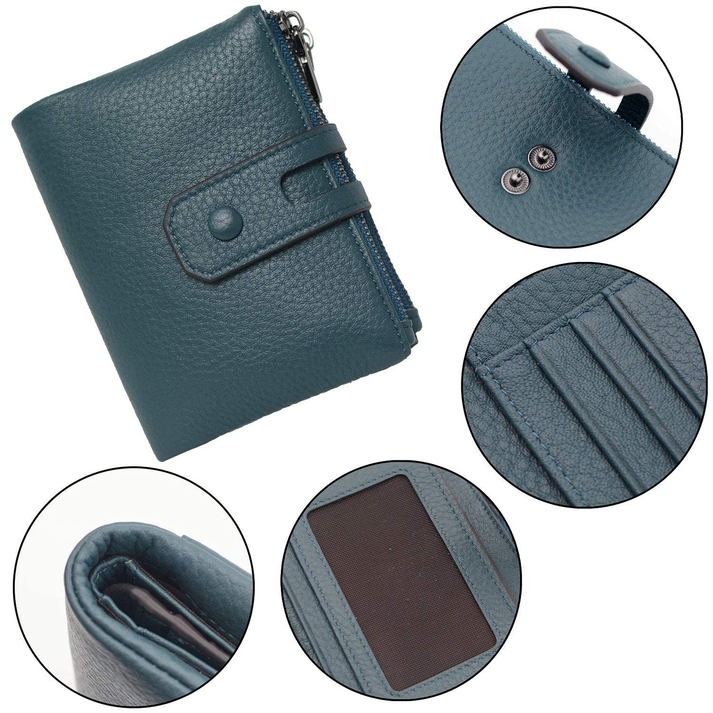 Women Leather Wallet - Small RFID Blocking Card Holder with Double Zipper