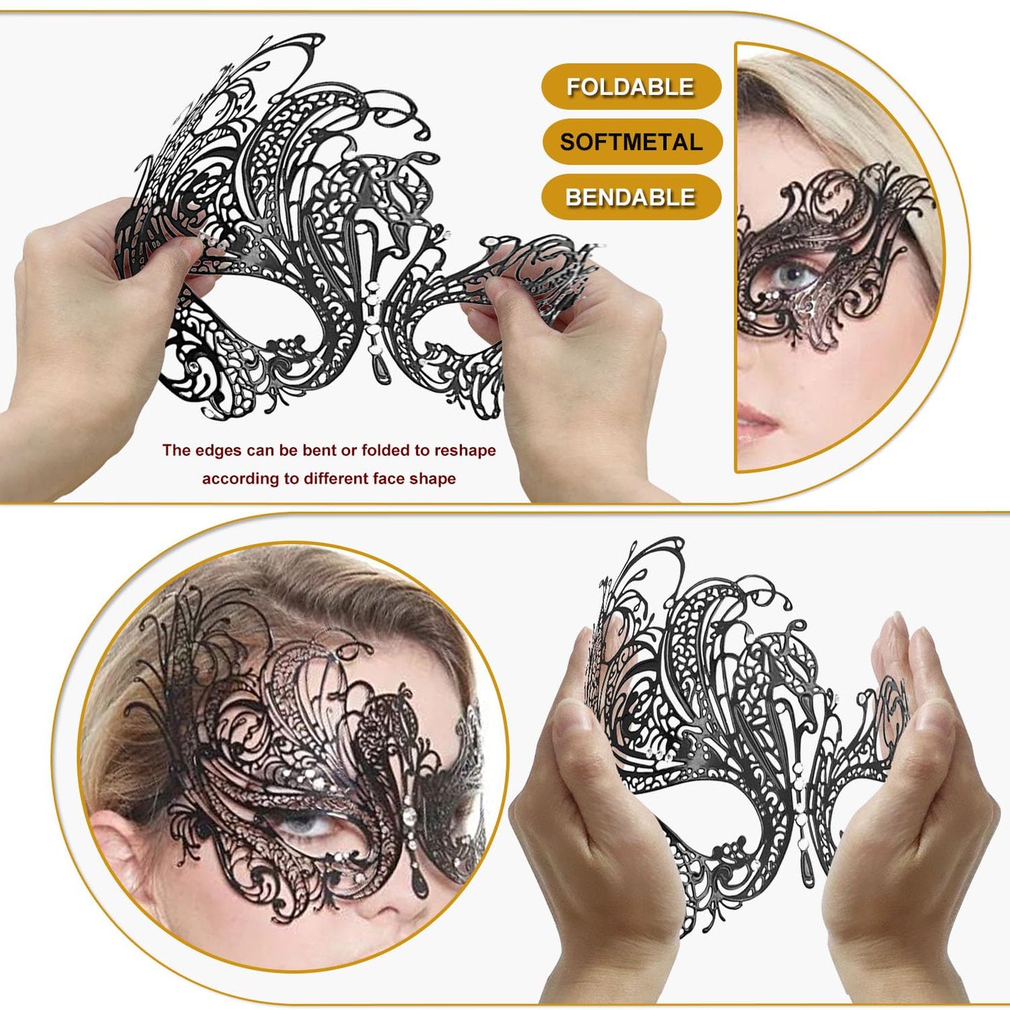 Rhinestone Metal Masquerade Mask for Women - Venetian Party Mask - Elegant Prom Ball Costume Accessory