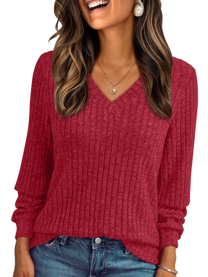 V Neck Long Sleeve Sweater for Women - Loose Fit Tunic Top for Fall & Winter Small Red