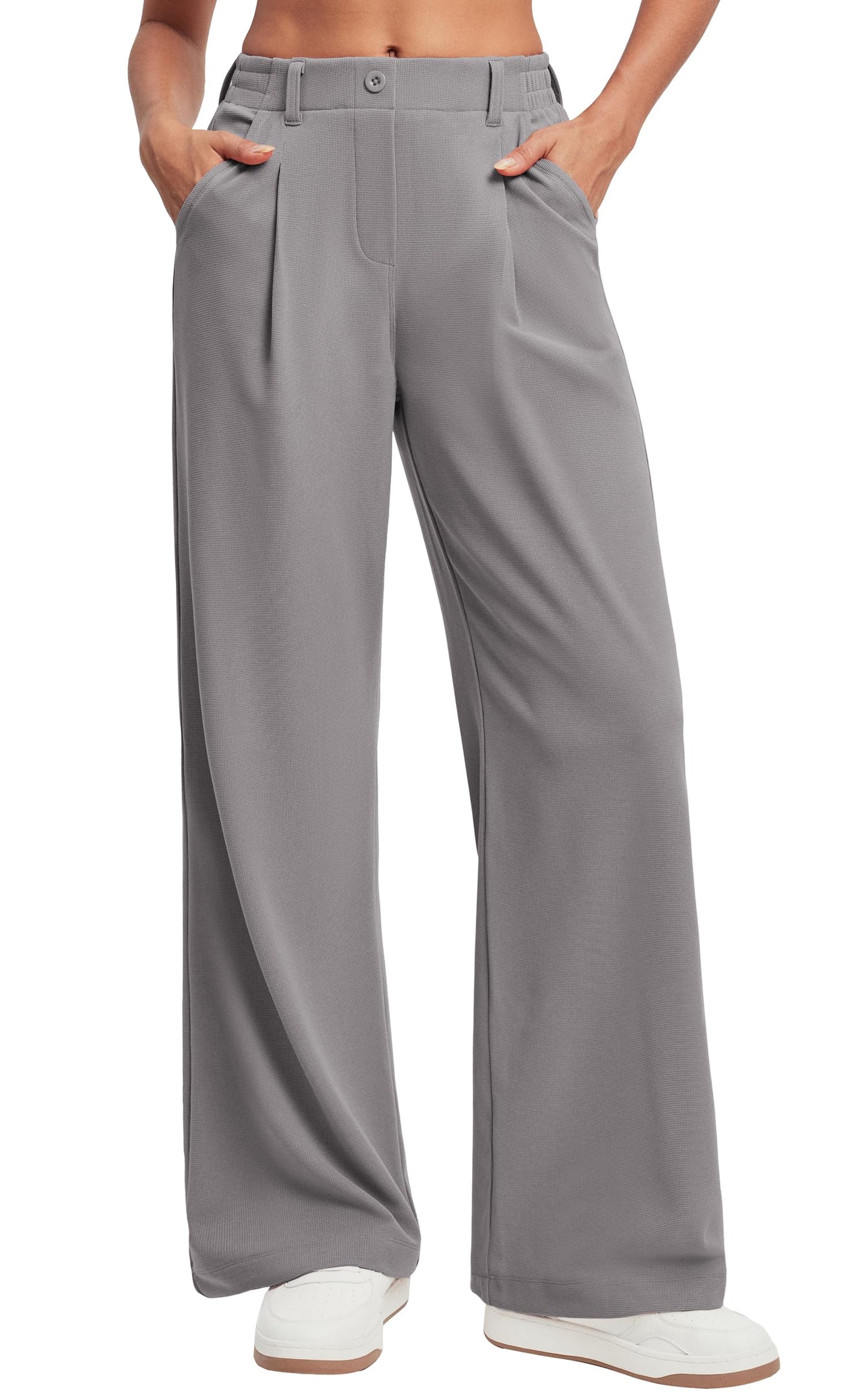 Women's Wide Leg Work Pants - Stretchy Pull-On Business Casual Trousers with Pockets Mink Ash- 26'' Petite