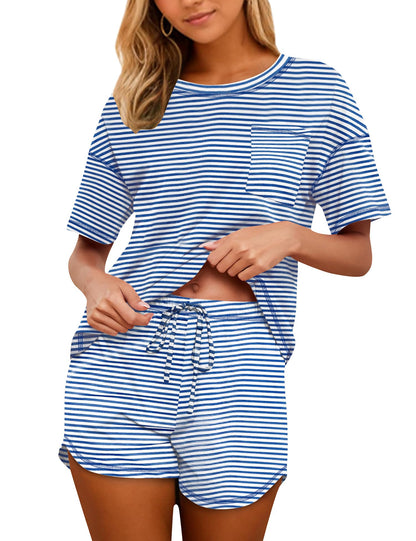 Women's Cotton Pajama Set - Short Sleeve Top and Shorts Sleepwear Lounge Set Strped Blue