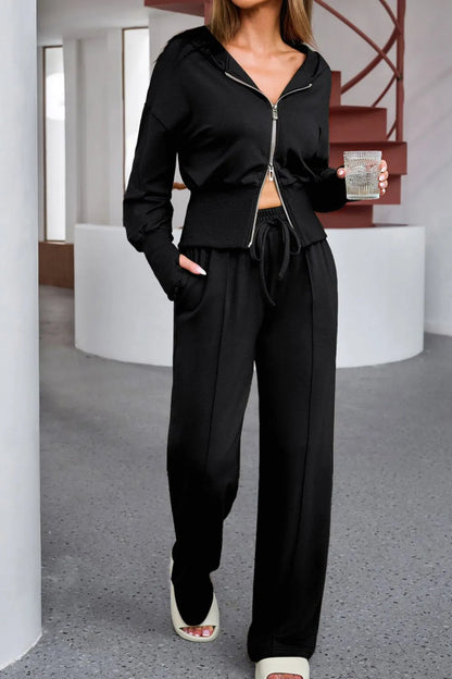 Zip-Up Hoodie and Pants Active Set Black