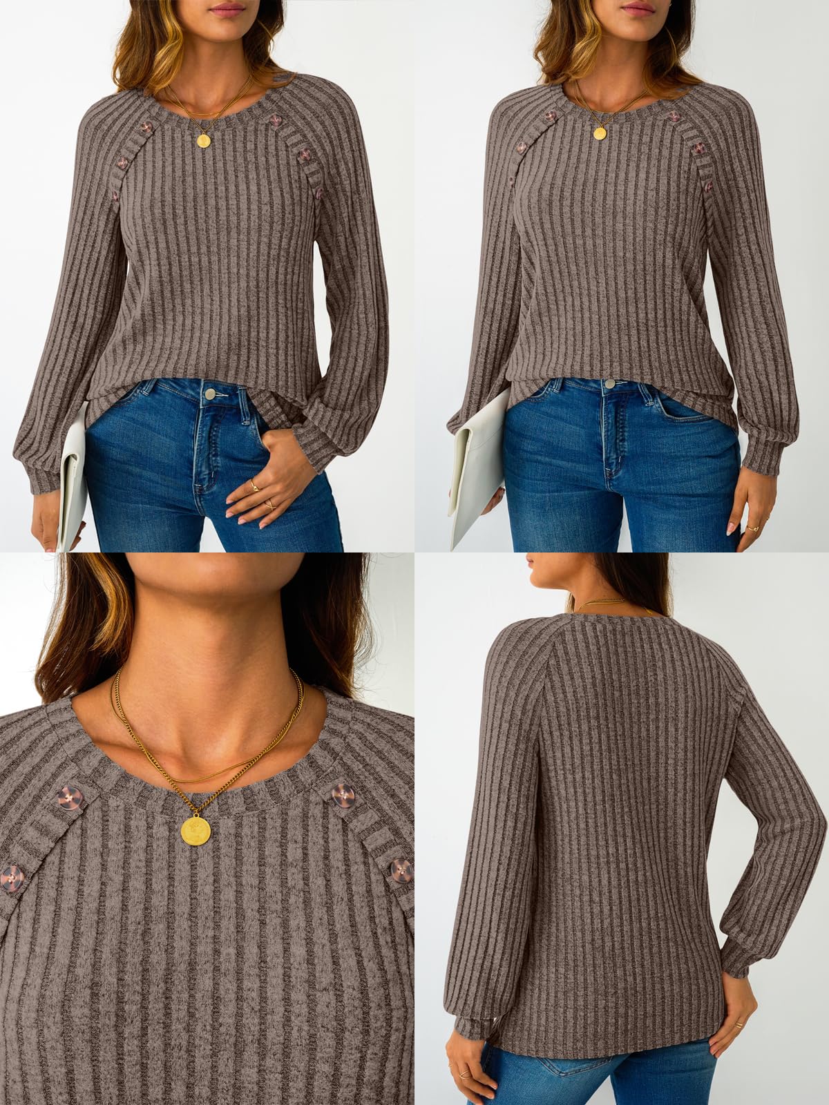 Women's Long Sleeve Tops - Fall Lightweight Sweaters with Shoulder Buttons