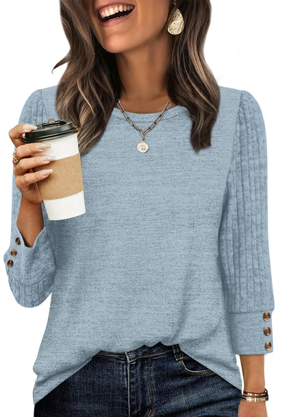 Women's Long Sleeve Shirts - Lightweight 3/4 Sleeve Sweaters with Buttons 03-blue