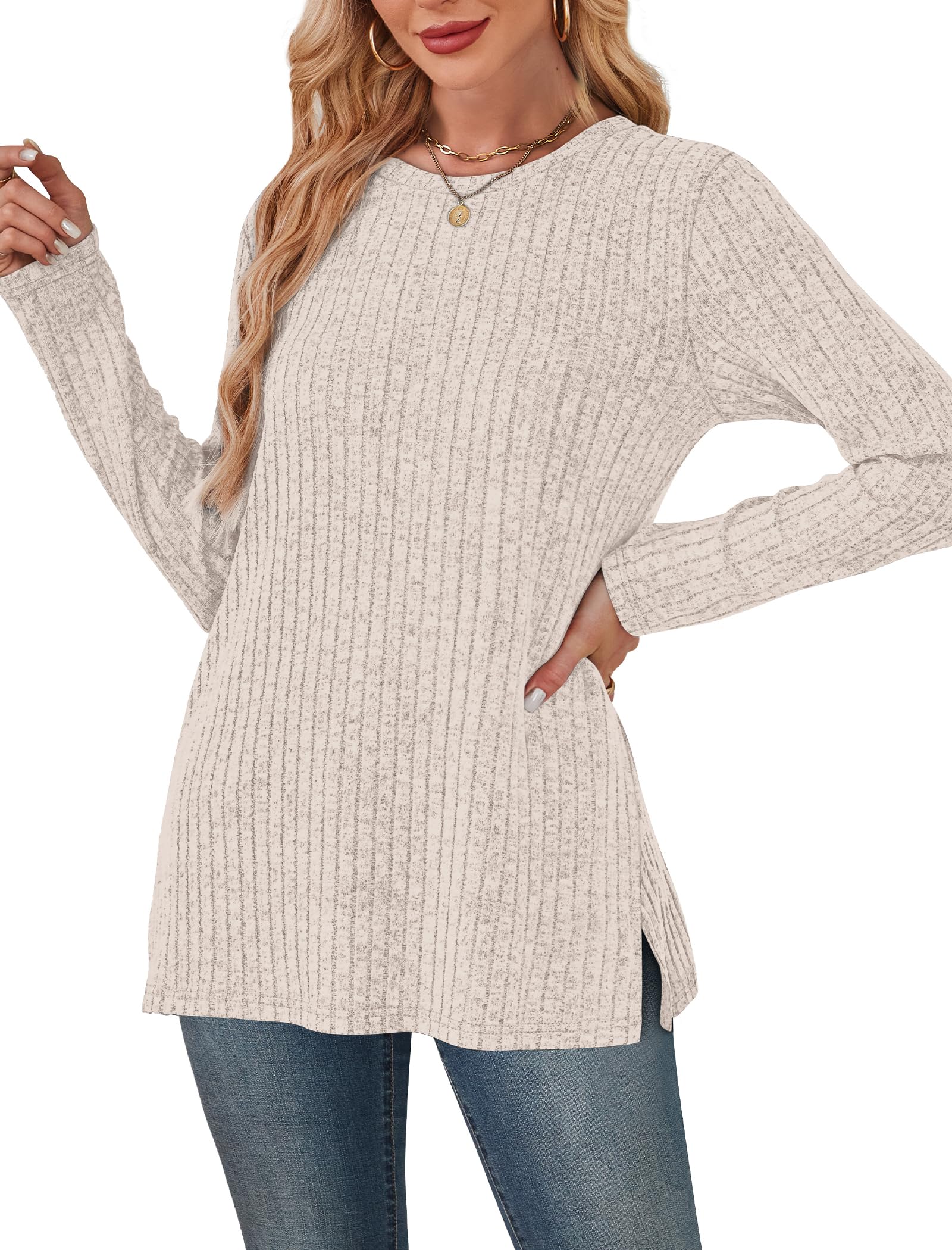 Women's Crewneck Sweater with Pockets - Long Sleeve Tunic Top with Side Slits