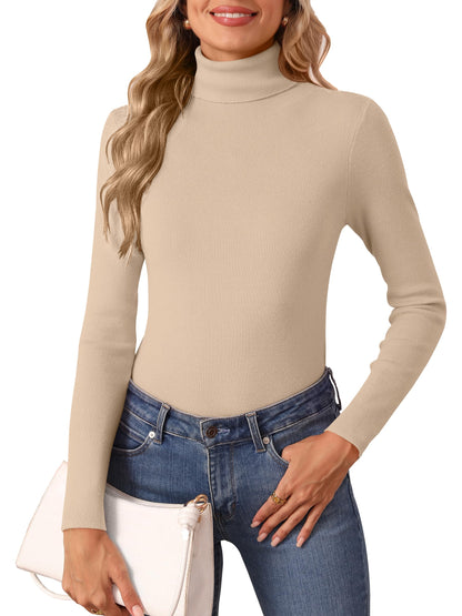 Women's Turtleneck Long Sleeve Shirt - Thermal Underwear Top for Fall Winter Apricot