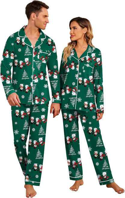 Christmas Family Matching Pajamas - Long Sleeve Button Down PJ Set Green Snowman