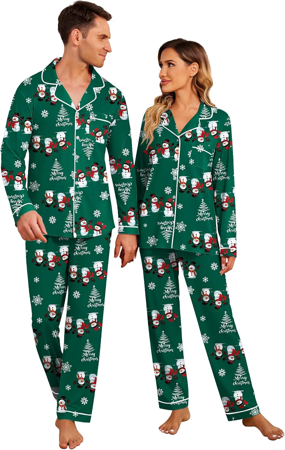 Christmas Family Matching Pajamas - Long Sleeve Button Down PJ Set Green Snowman