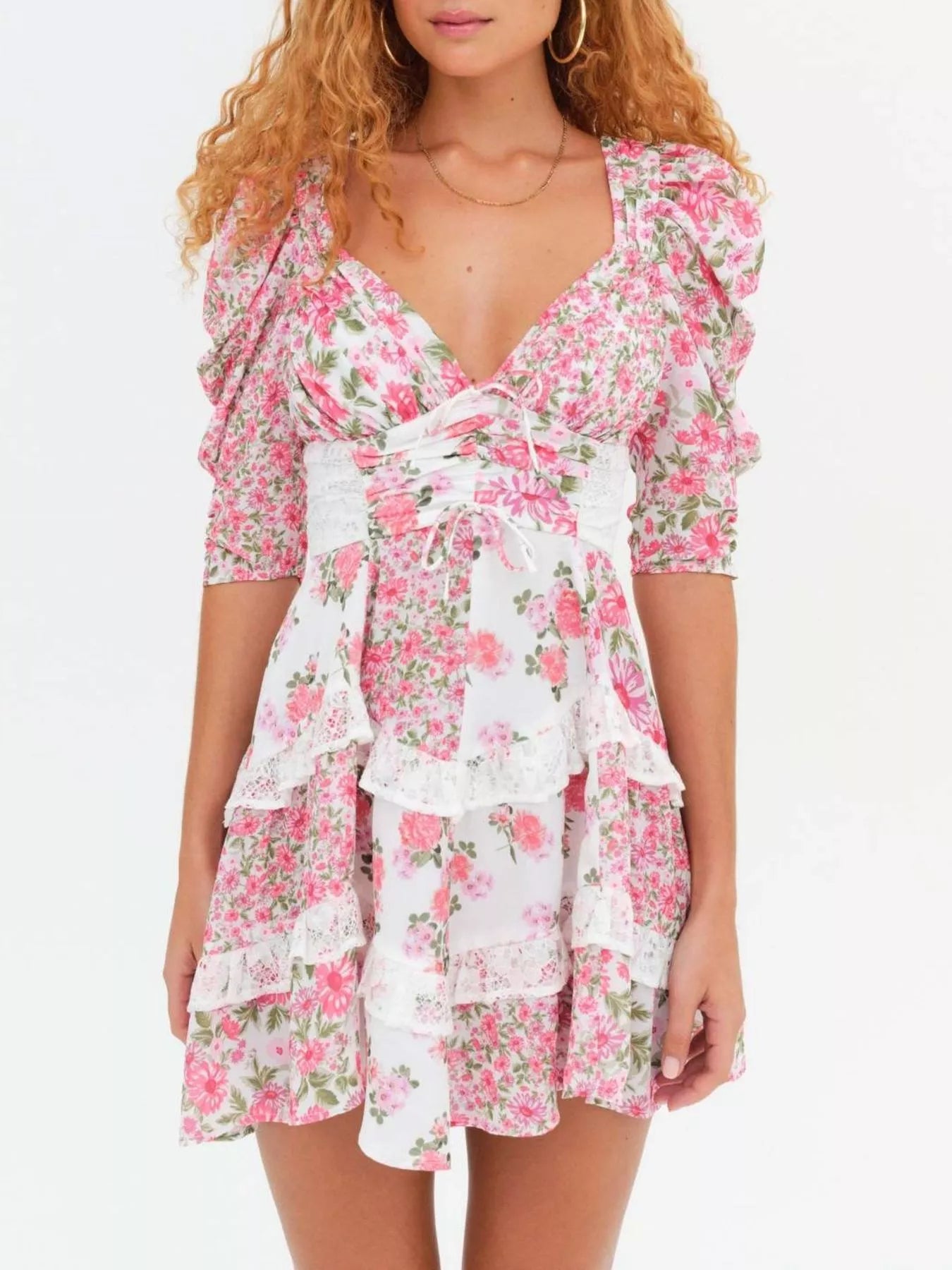 Ruffled Floral Print Half Sleeve Dress Pink