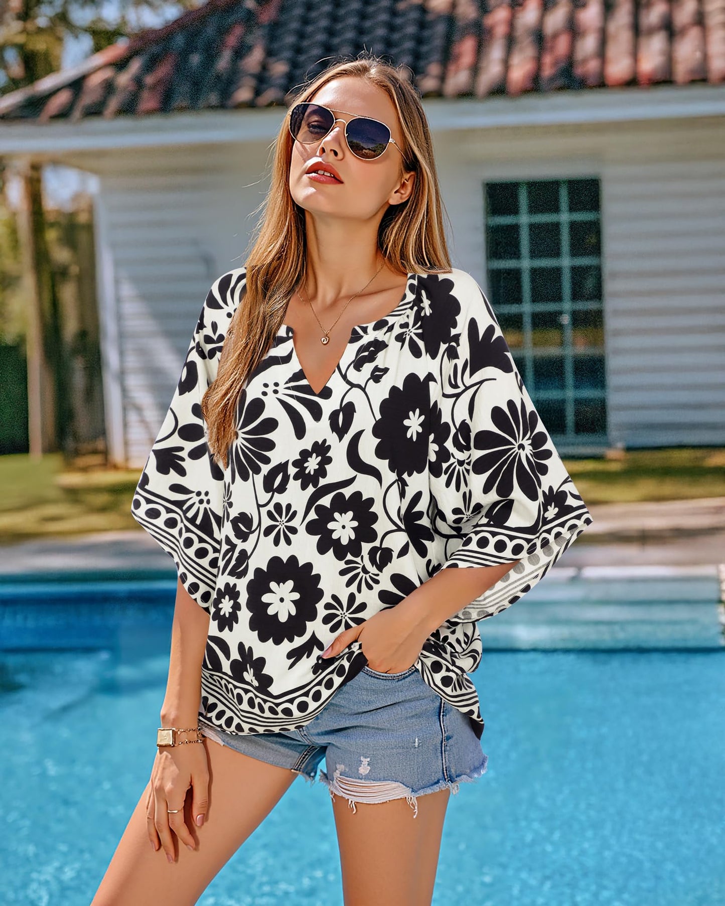 Big & Tall Clothing - Women's 3/4 Sleeve V-Neck Bohemian Peasant Blouse Loose Fit Tunic Top