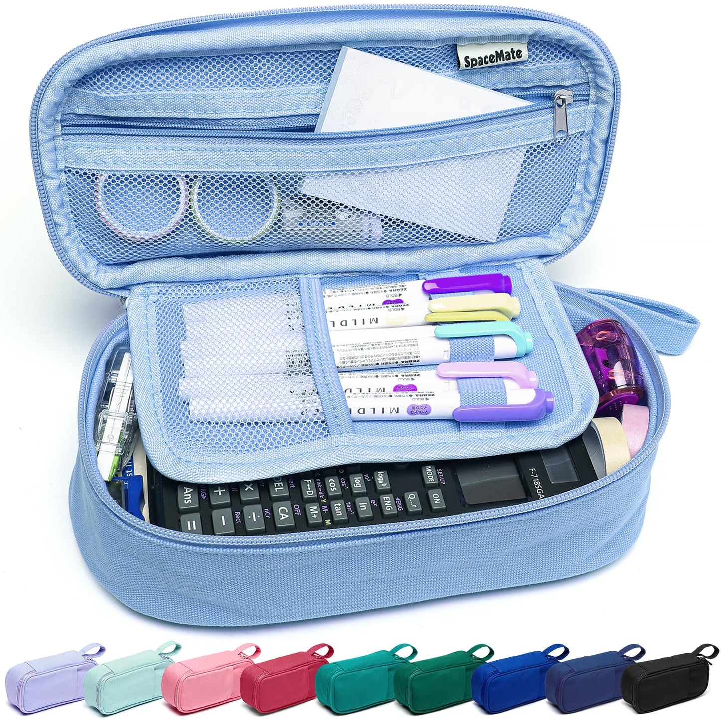 Large Pencil Case 1800ml - Heavy Duty Canvas School Supplies Organizer for Kids Students Sky Blue