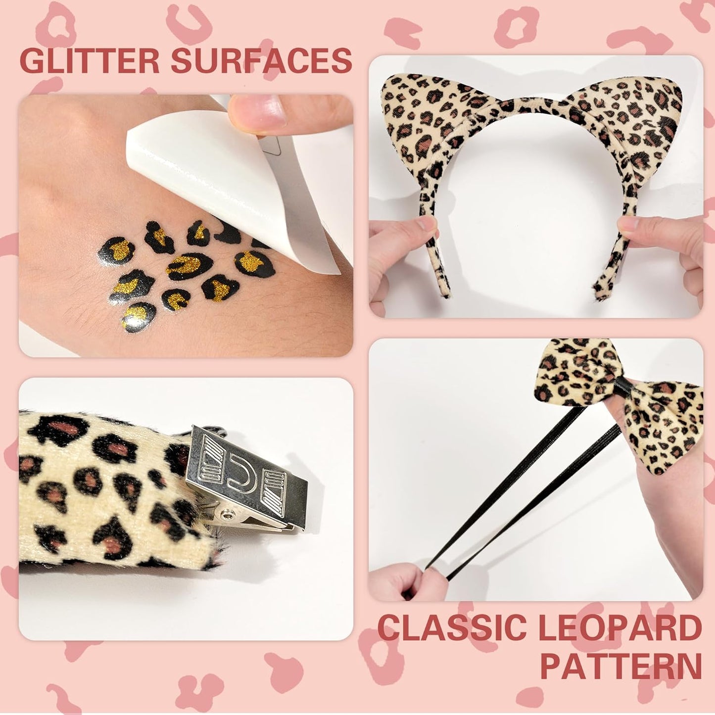 Valentine Leopard Costume - Animal Ears Headband Tail and Face Stickers - Halloween Leopard Cat Costume