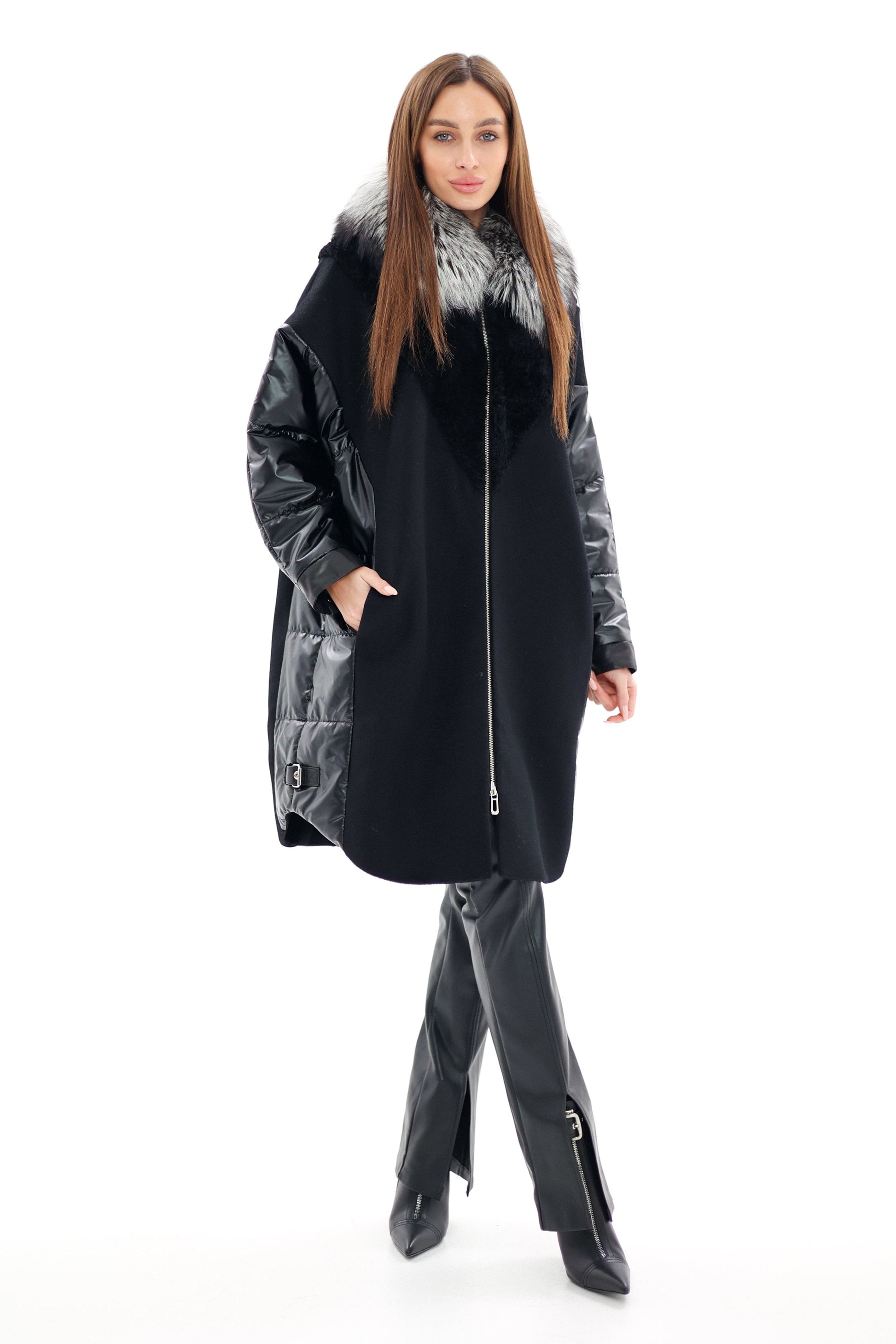 Genuine Silver Fox Fur Italian Cashmere Wool Freudenberg Comfortemp® Coat