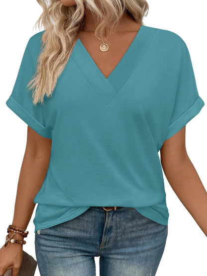 Womens Summer Tops V Neck Short Sleeve Shirts Casual Dolman Sleeve Fashion Blouse Blue