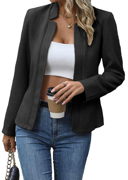 Women's Tweed Blazer Jacket - Open Front Stand Collar Professional Work Coat