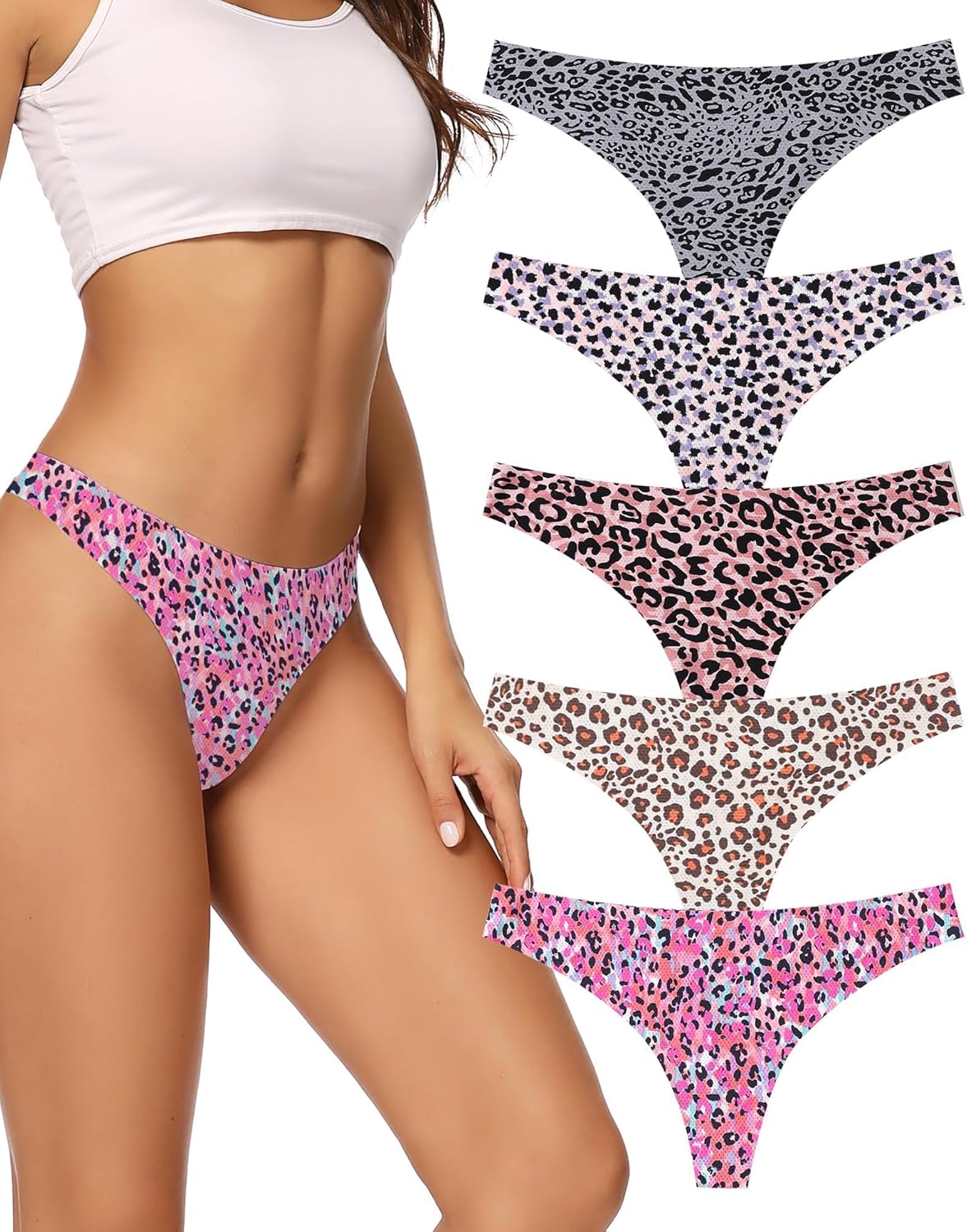 Women's Seamless Thong Underwear 5-Pack No Show Breathable Panties G-5 Pack Leopard Print