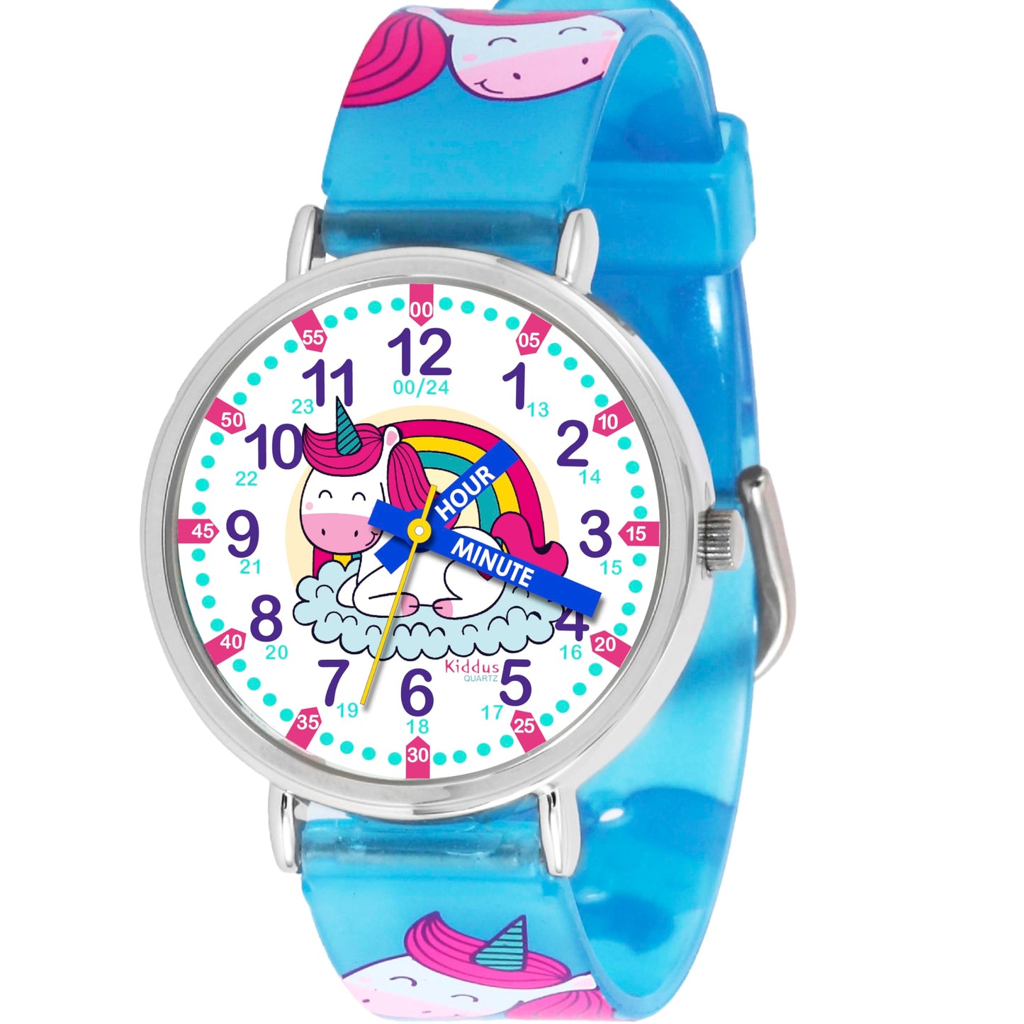 Kids Time Teacher Watch - Educational Analog Watch with Japanese Quartz Movement Ages 5-12 A. English Handles 08 Unicorn w Handles Written. Fluorescent