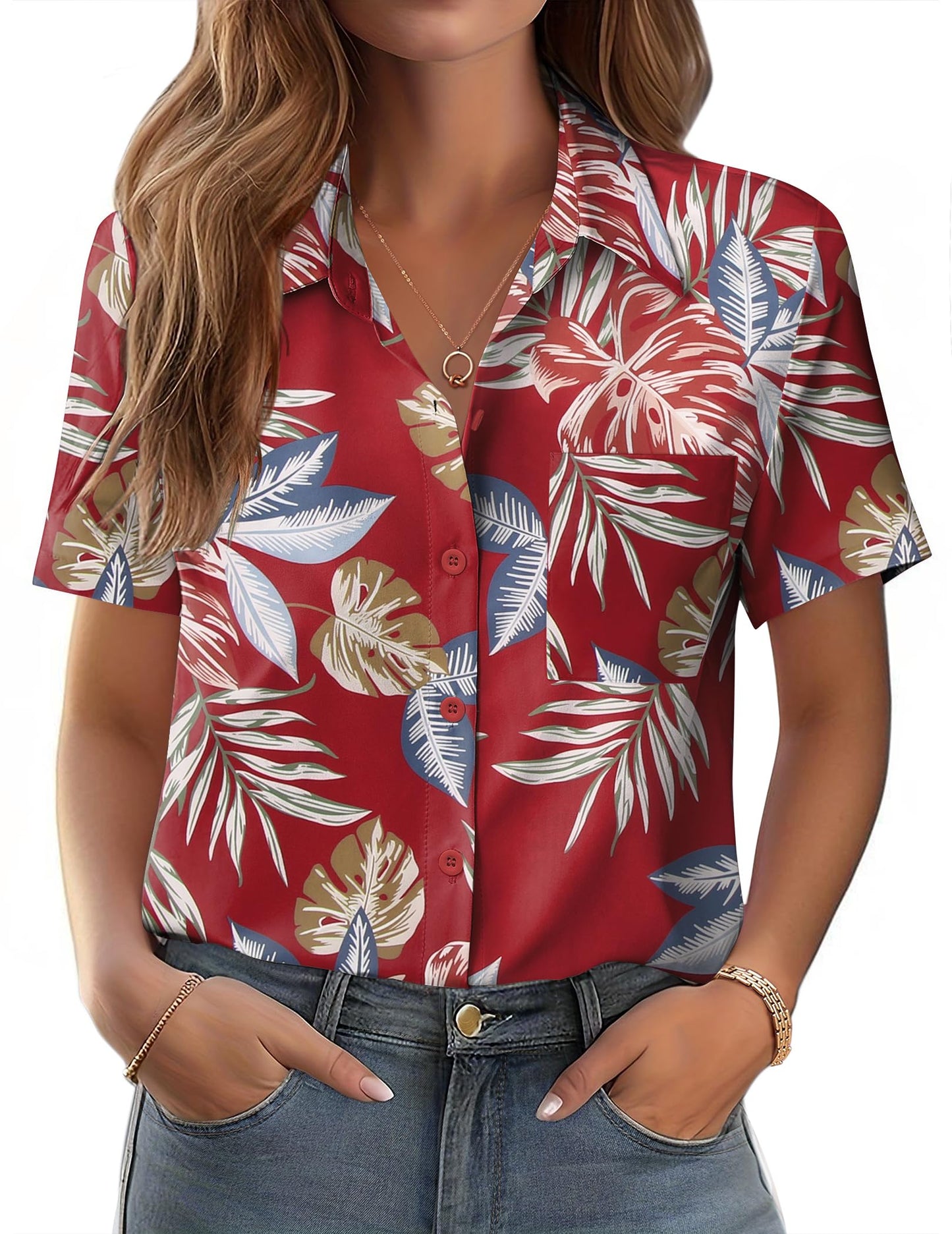 Polyester Blouse - Women's Button Down Shirt Short Sleeve Business Casual Blouse with Chest Pocket Small Zw306