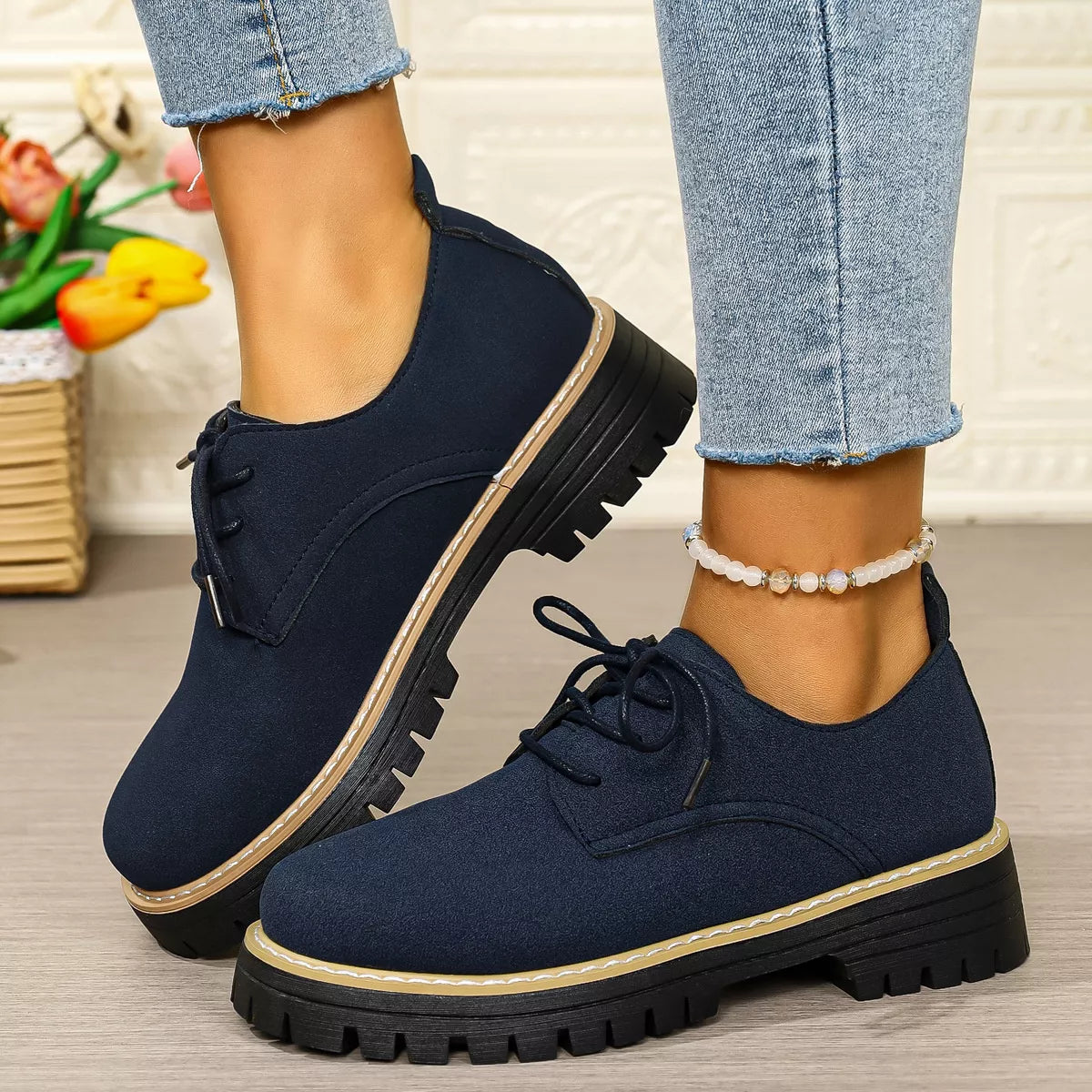 Lace-Up Platform Loafers Dark Blue