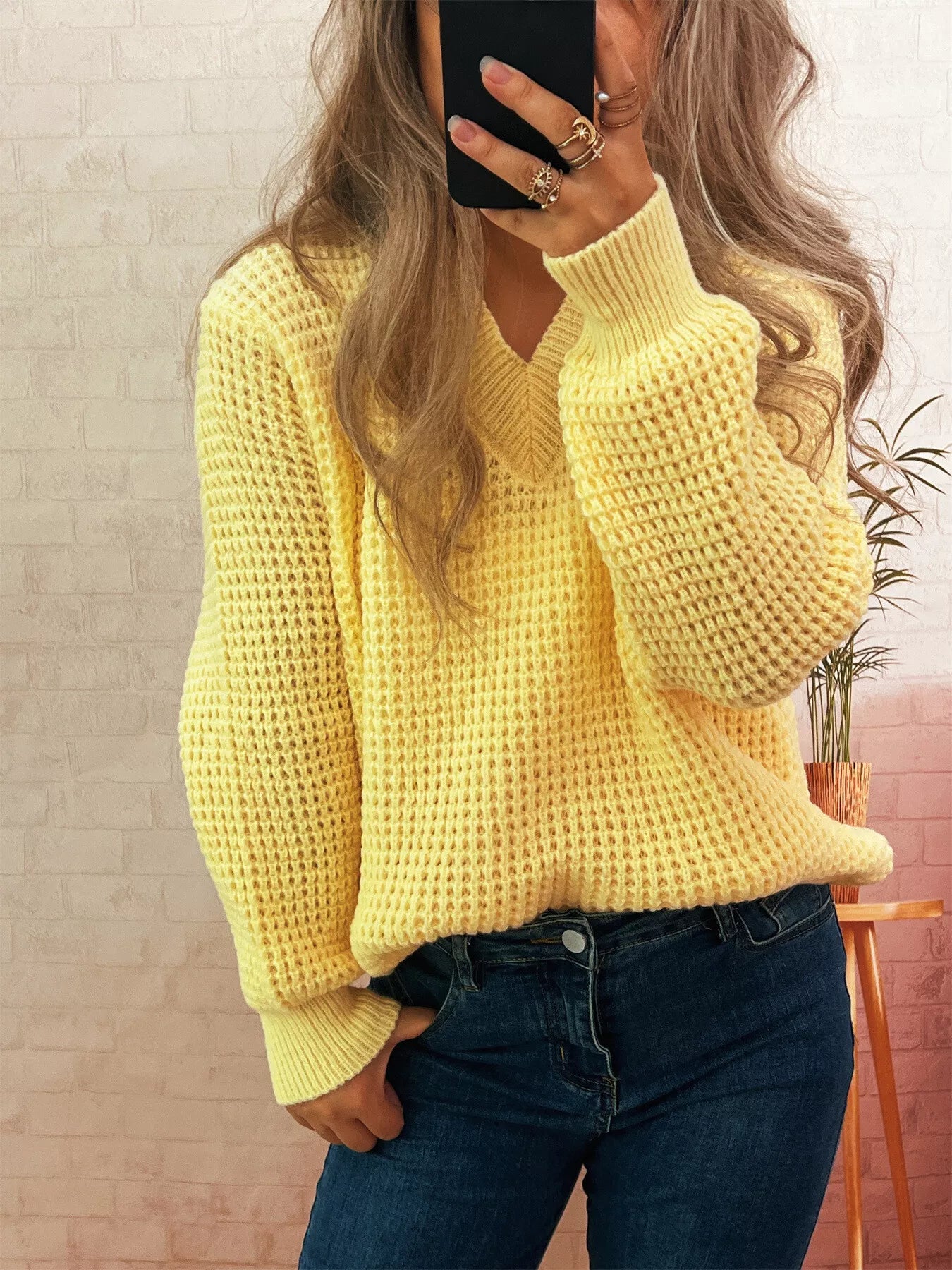V-Neck Textured Knit Sweater Yellow One Size