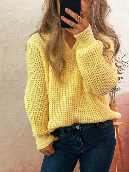 V-Neck Textured Knit Sweater Yellow One Size