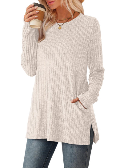 Women's Crewneck Sweater with Pockets - Long Sleeve Tunic Top with Side Slits