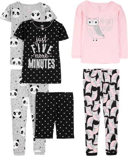 Girls Cotton Pajama Set 6-Piece - Snug Fit PJ Pack for Babies Toddlers Black Dots Grey Panda Pink Owl