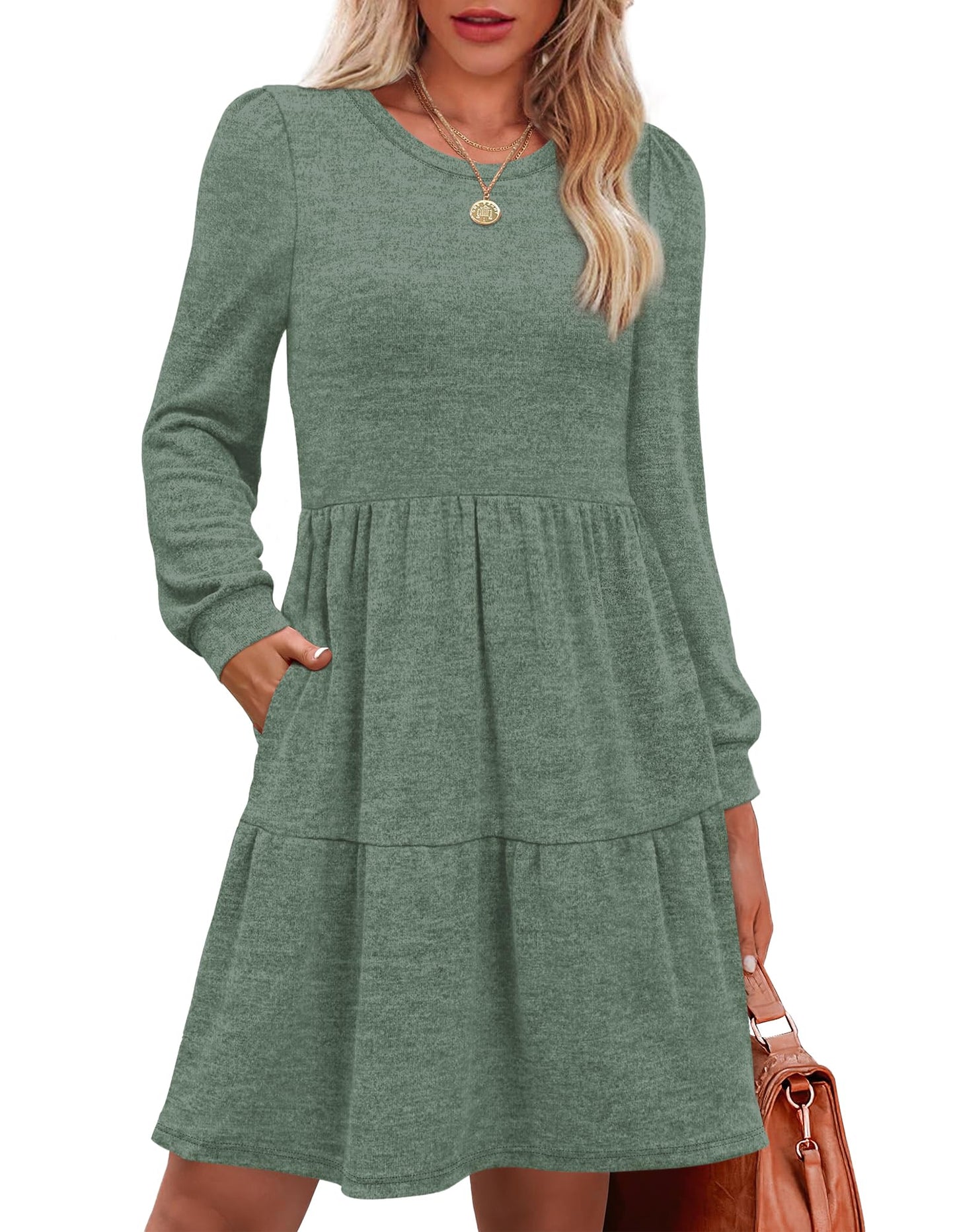 Women's Long Sleeve Fall Dresses with Pockets - Crew Neck Babydoll Casual Dress Green