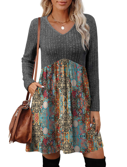 Women's Long Sleeve Sweater Dress - V Neck Empire Waist Babydoll Dress with Pockets