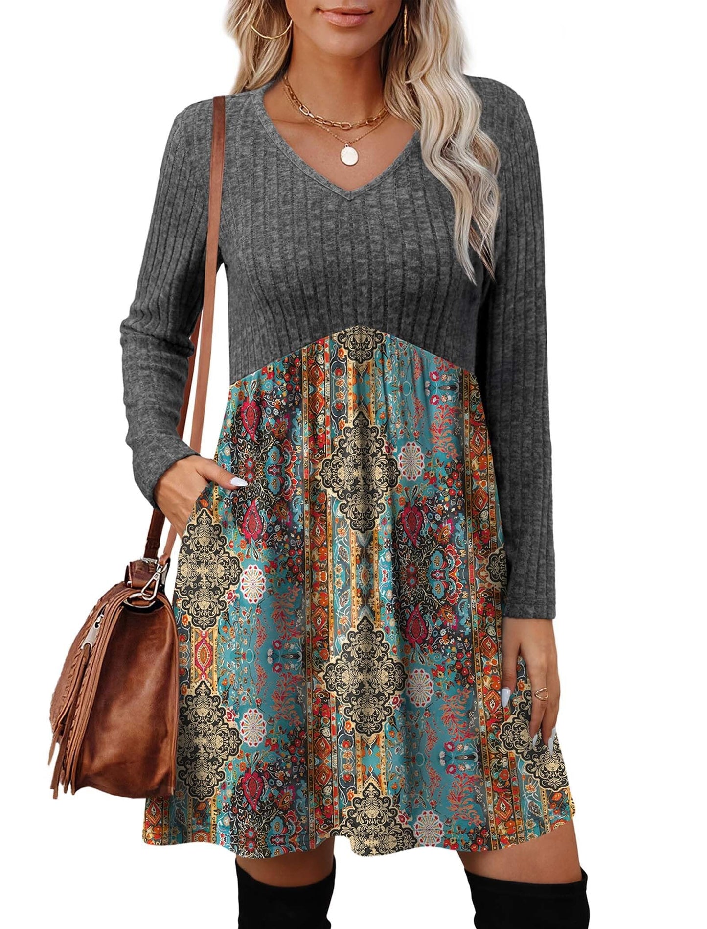 Women's Long Sleeve Sweater Dress - V Neck Empire Waist Babydoll Dress with Pockets