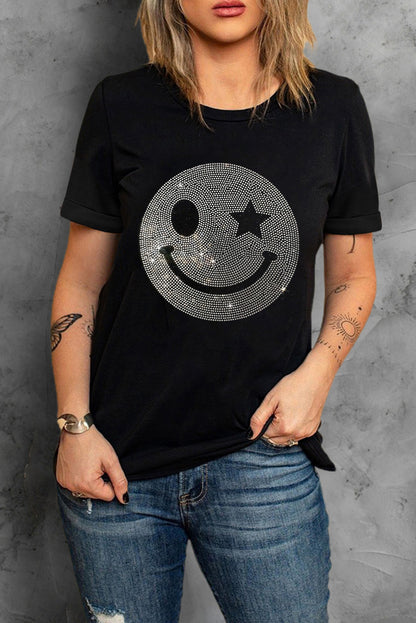 Rhinestone Smiley Round Neck Short Sleeve T-Shirt Black