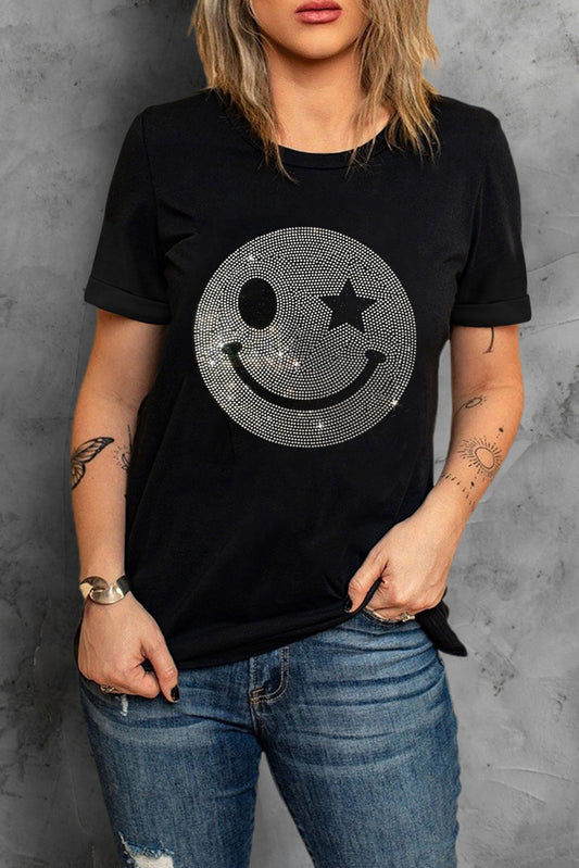 Rhinestone Smiley Round Neck Short Sleeve T-Shirt Black