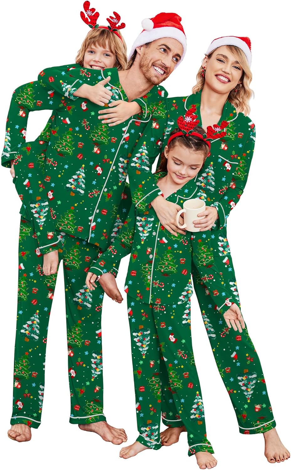 Christmas Family Matching Pajamas - Long Sleeve Button Down PJ Set Green Christmas Tree