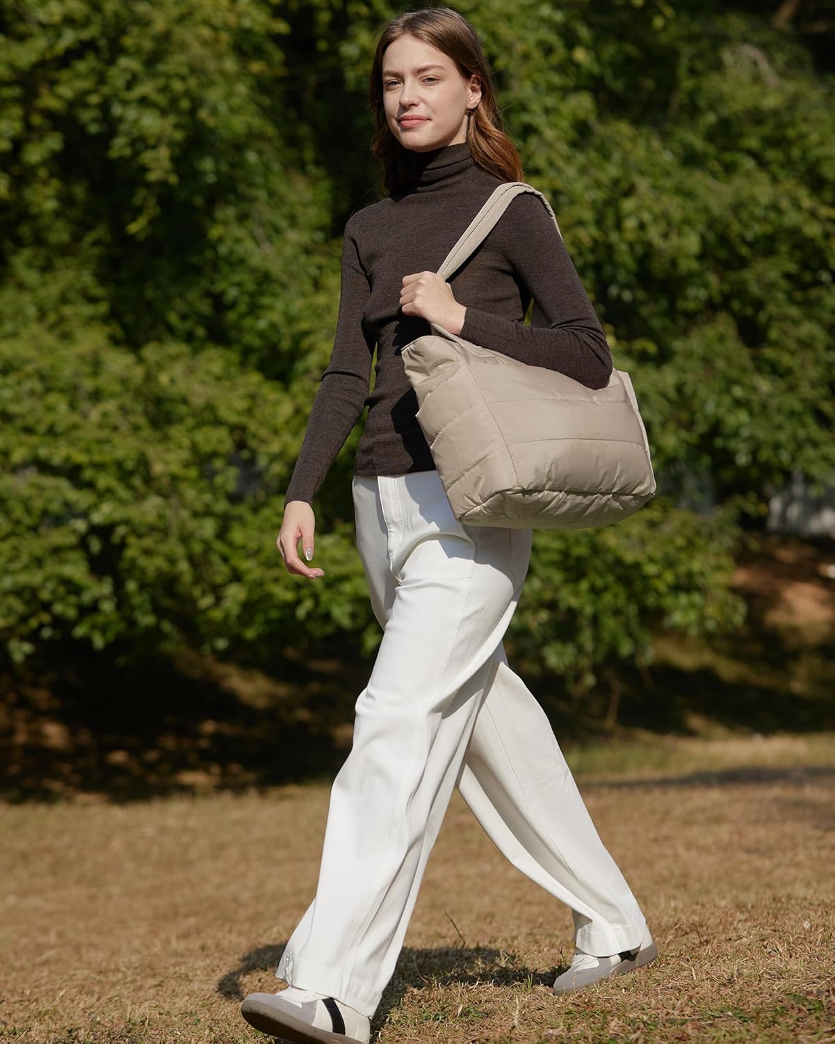 Women's Quilted Tote Bag Lightweight Puffy Shoulder Bag with Compartments