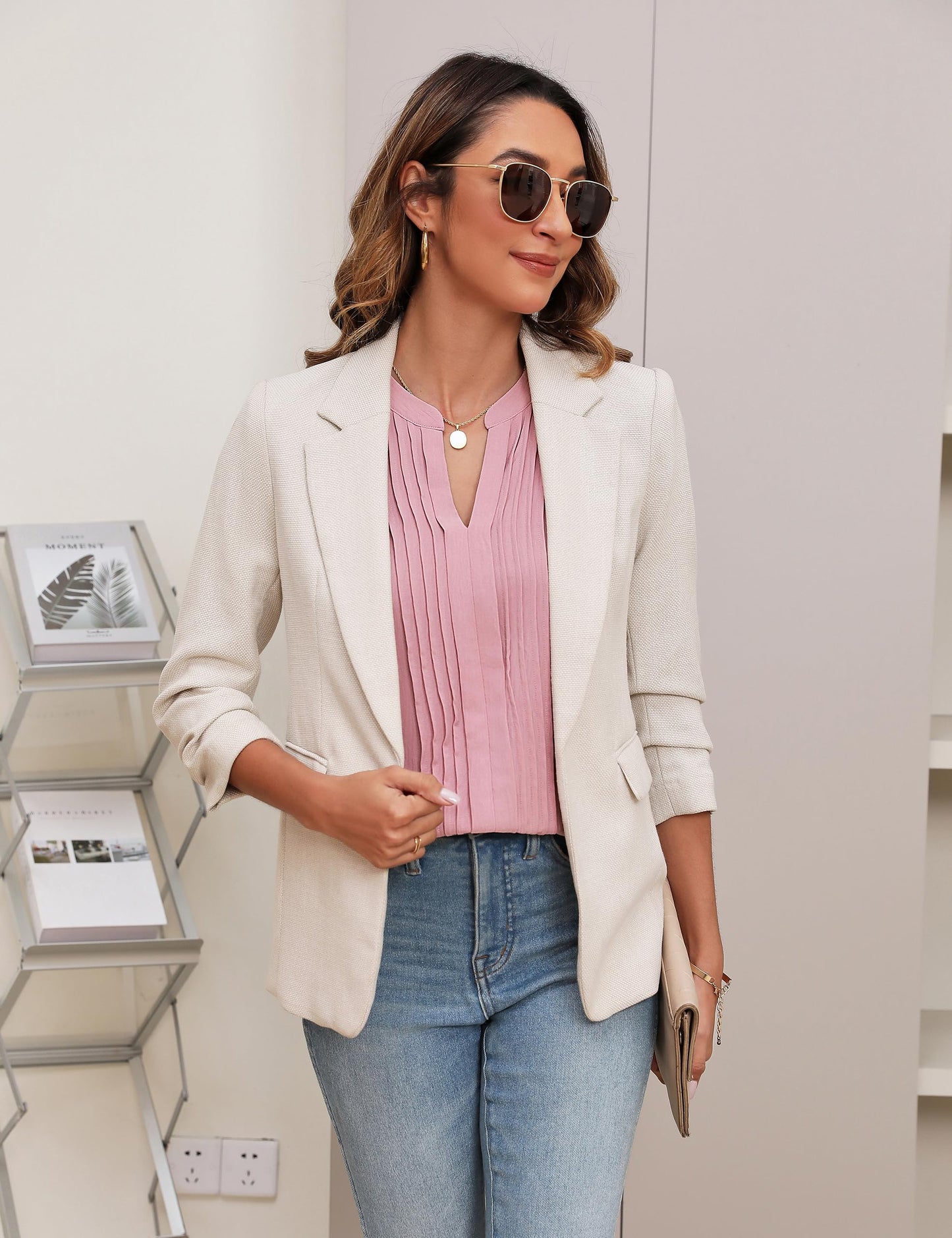 Beautiful Blouses For Ladies - Women's V-Neck Blouse with Pintuck Detail Short Petal Sleeve Business Top