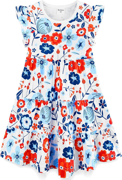 Girls Cotton Dress - Ruffle Sleeve Tiered A-Line Midi Sundress Red and Blue Flower