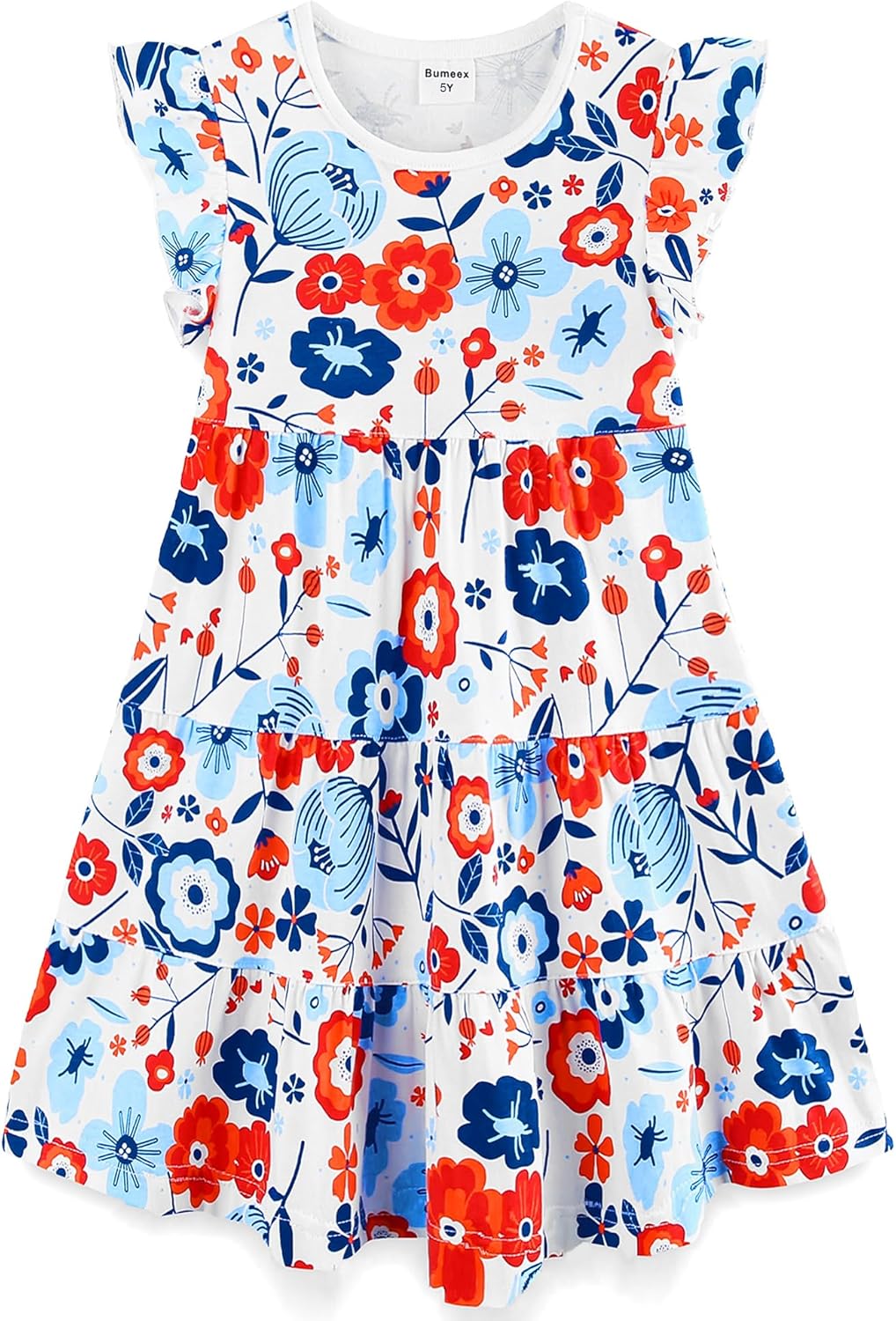Girls Cotton Dress - Ruffle Sleeve Tiered A-Line Midi Sundress Red and Blue Flower