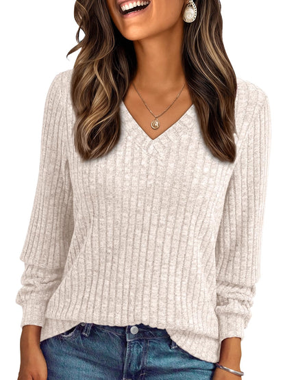 V Neck Long Sleeve Sweater for Women - Loose Fit Tunic Top for Fall & Winter Apricot