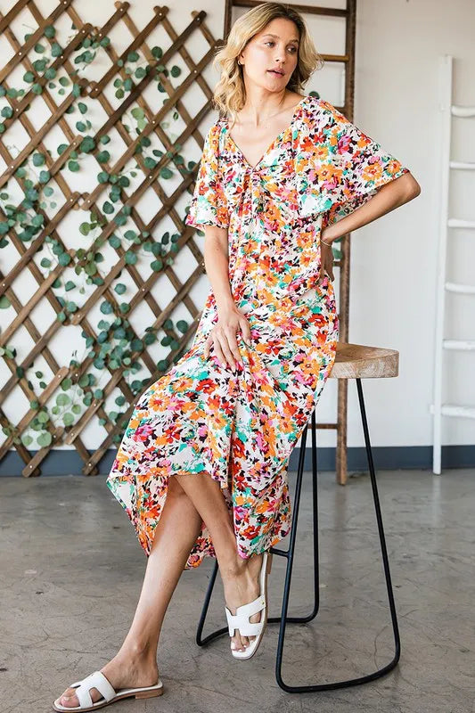 Lime 'N' Chili Floral Print Sweetheart Neck Tie Front Midi Dress