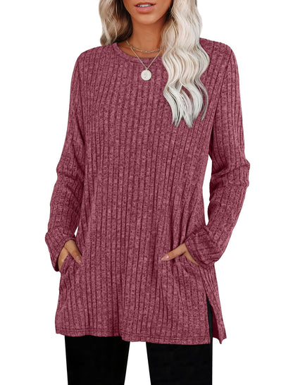 Women's Crewneck Sweater with Pockets - Long Sleeve Tunic Top with Side Slits Fuchsia