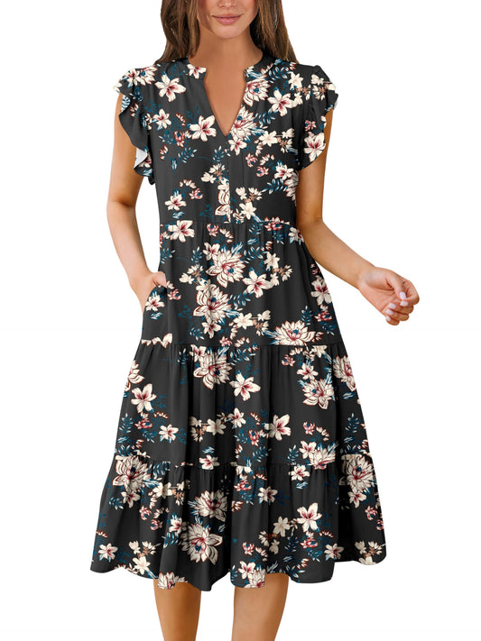 Blue Casual Dresses - Women's Summer Midi Dress - Ruffle Sleeve V-Neck Boho Beach Dress